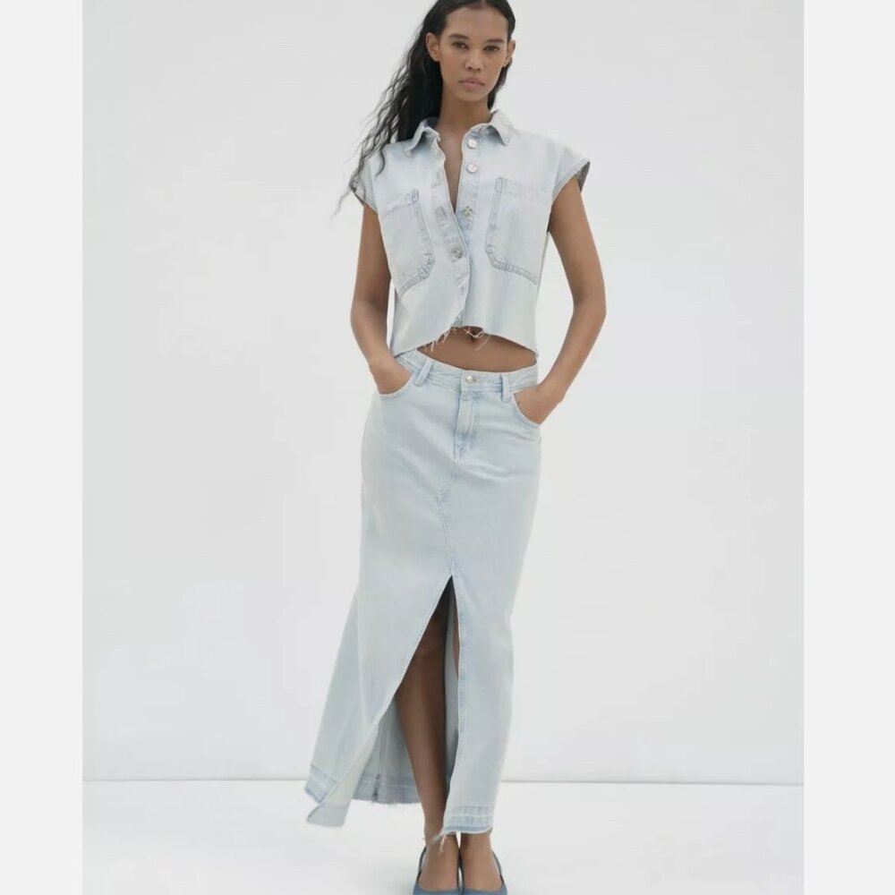 ZARA MIDI DENIM SKIRT with Front slit LGHT BLUE S M L NWT